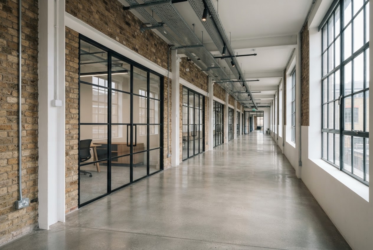 A daylit corridor of glazed offices inside a refurbished commercial building